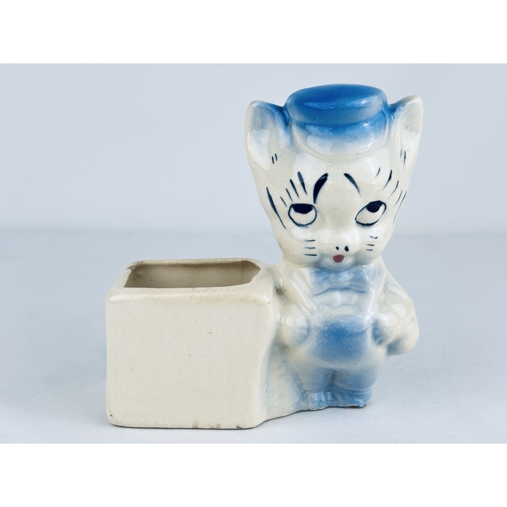 Vintage Shawnee Porcelain Pottery Porky Pig /Cat W/Blue Hat Planter Kitschy MCM